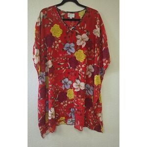 Jade by Johnny Was Silk Tunic XS Floral V-Neck Boho Short Sleeve Top Lightweight